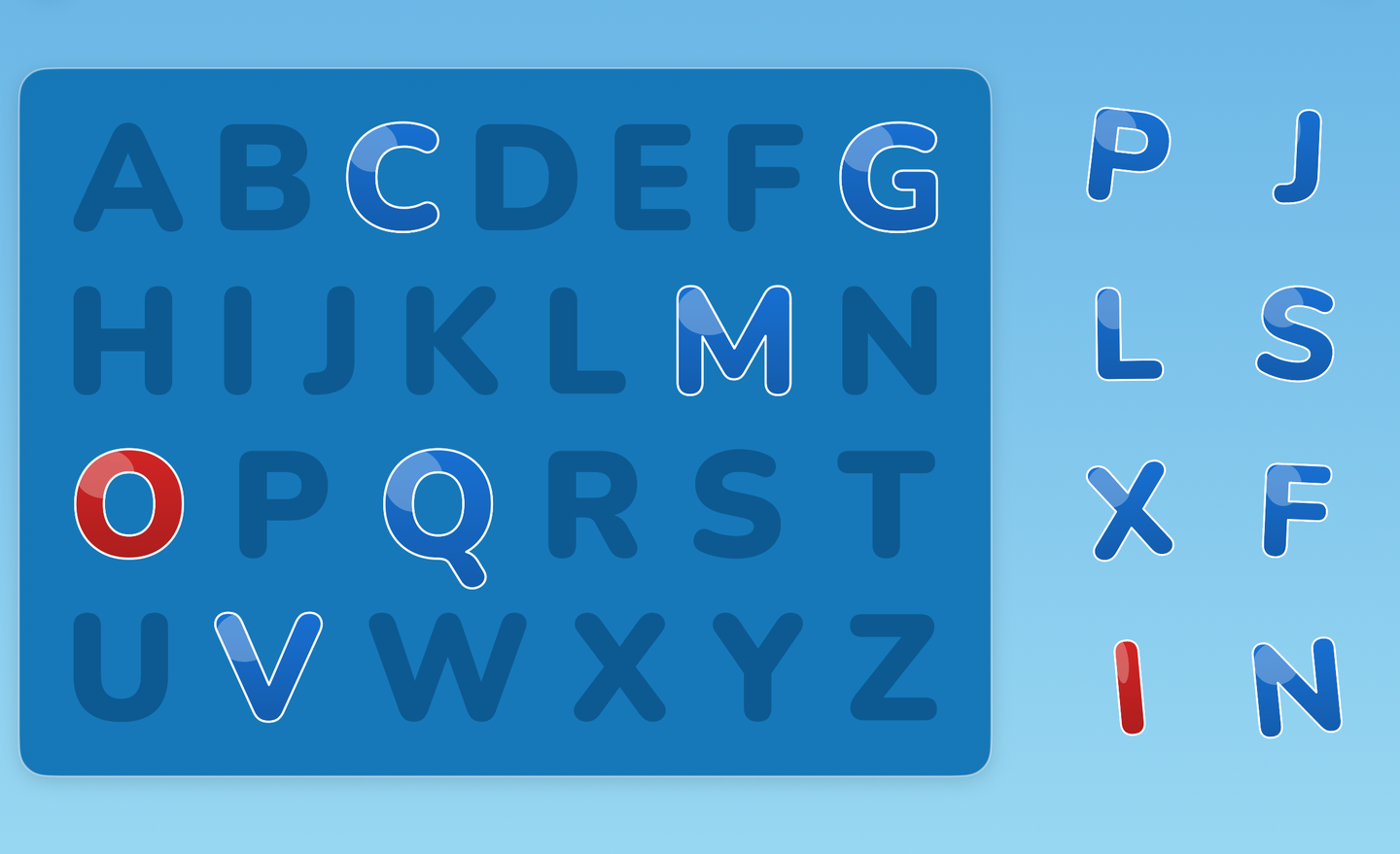 Alphabet gameplay: English letters on the board and in the tray on the right.